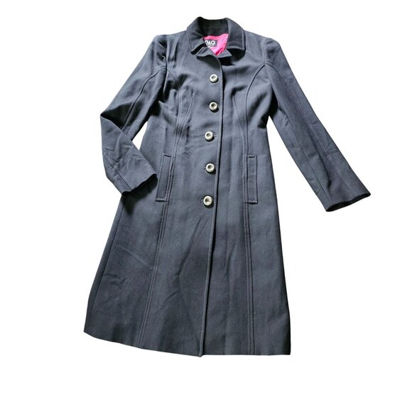 Vintage Dolce & Gabbana Women's Black Wool Pea Coat Trench Lined Hot Pink 42 / 4